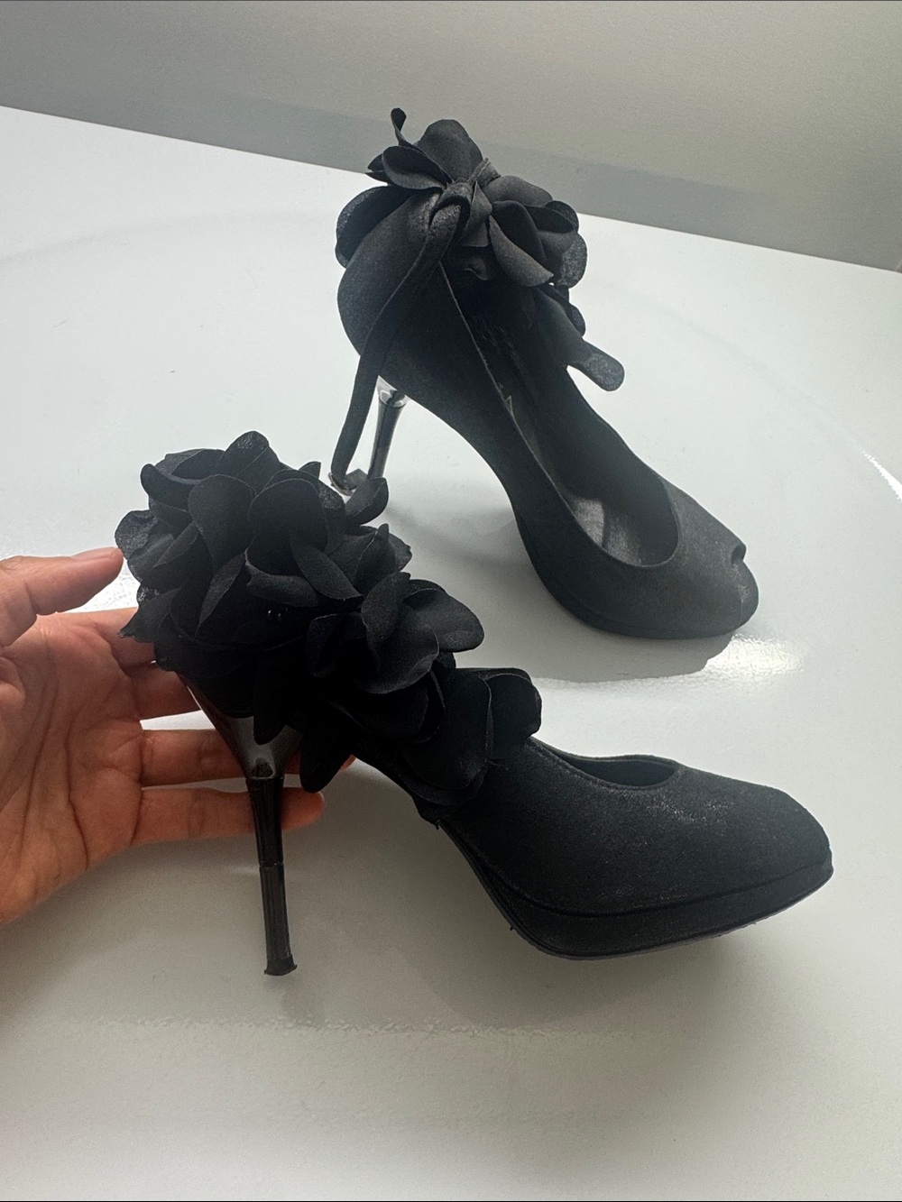 Black Peep-Toe Floral Accent Heels
